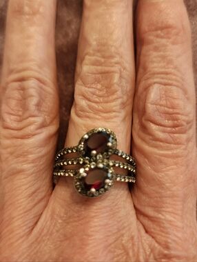 Freida Rothman Double Oval Deep Red Stone Marcasite Ring Sterling Silver Sz 8